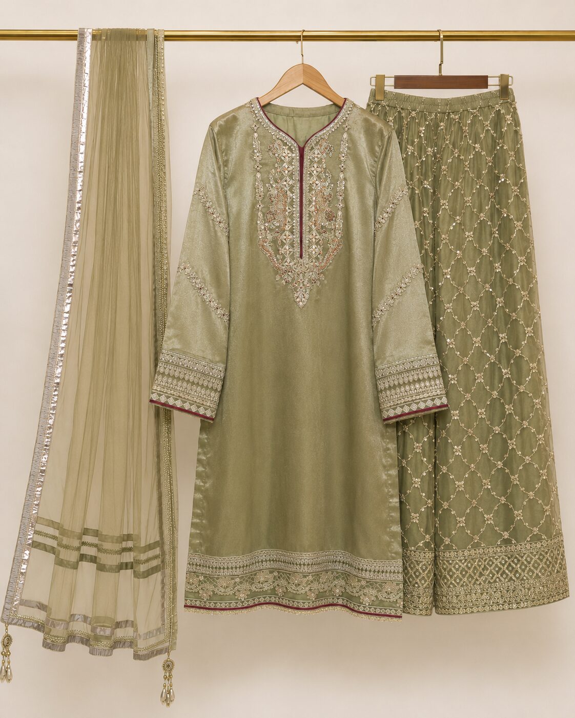 Olive Green Luxury Heavy Embroidered Massori 3 Piece Suit