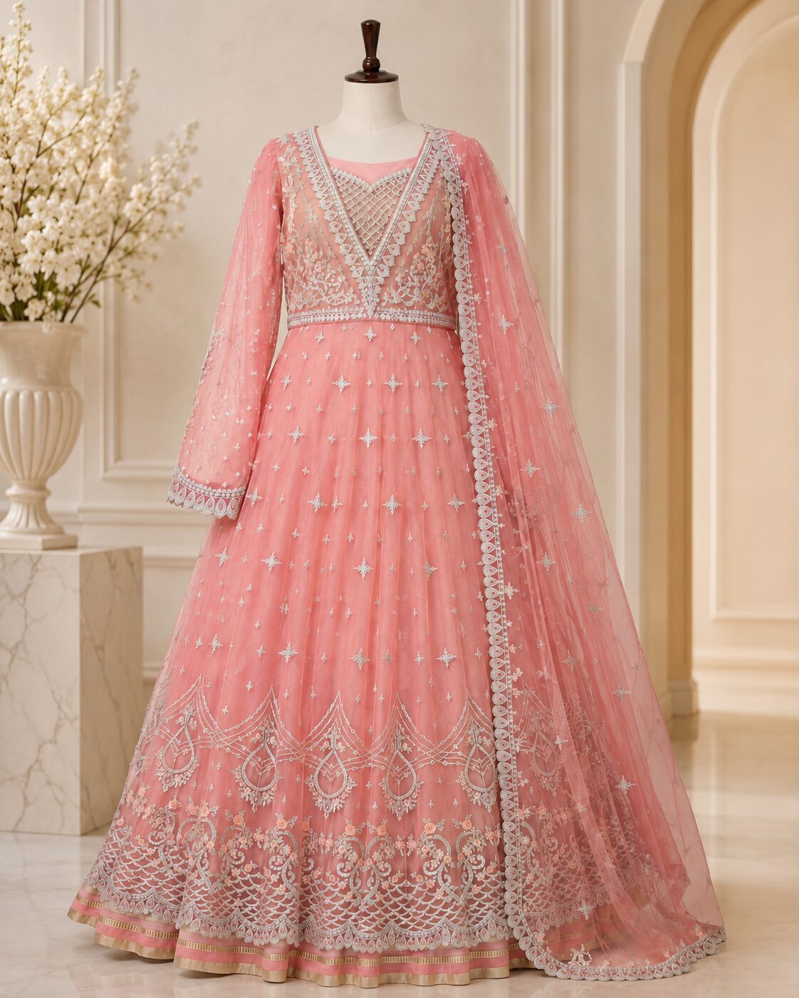 Blush Pink Luxury Heavy Embroidered Maxi 3 Piece