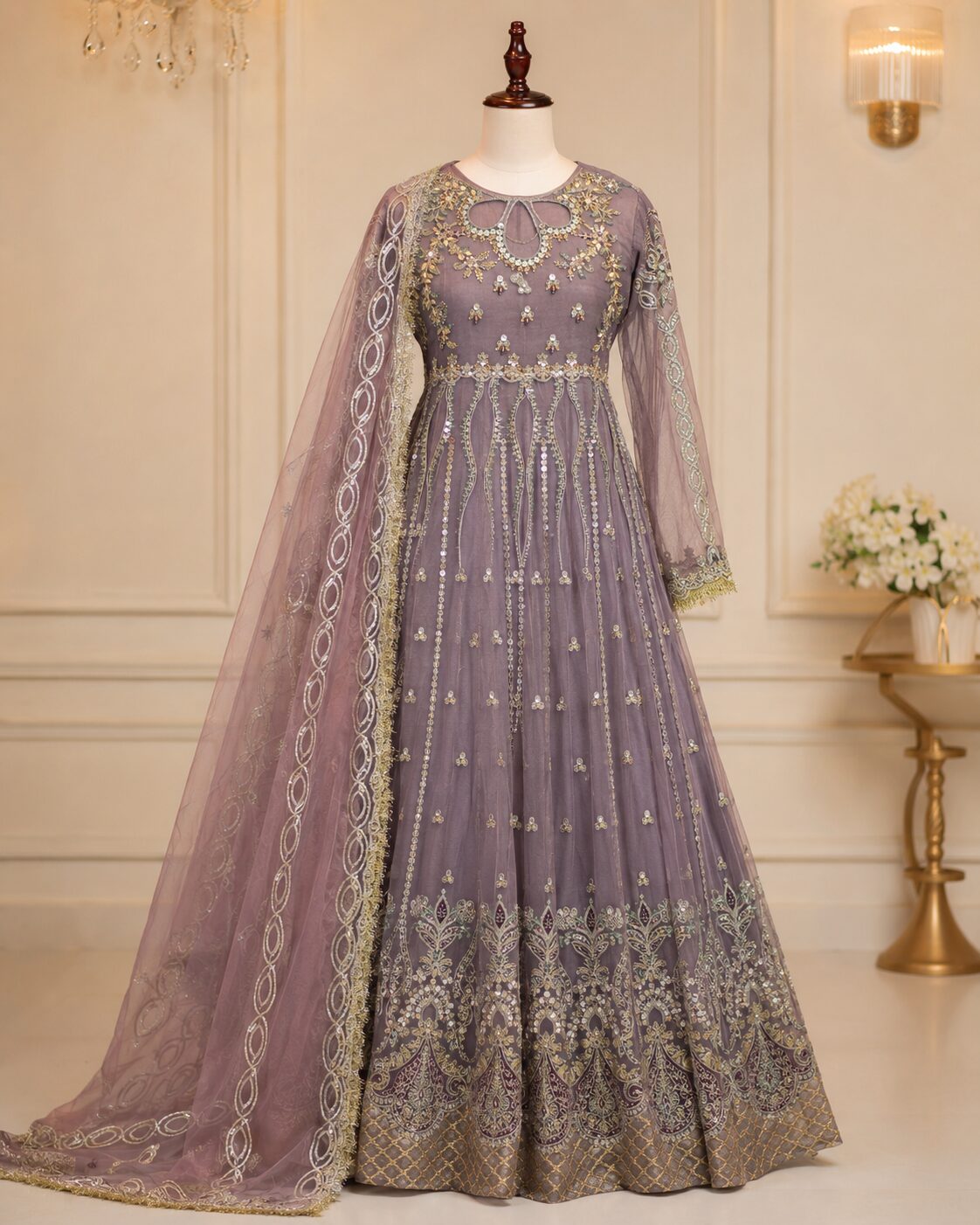 Dusty Mauve Luxury 3 Piece Heavy Embroidered Maxii