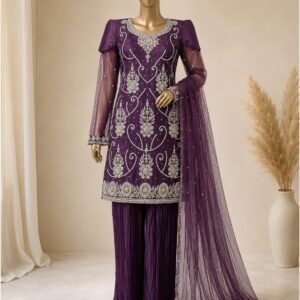 Royal Purple Luxury Heavy Embroidered 3 Piece Suit
