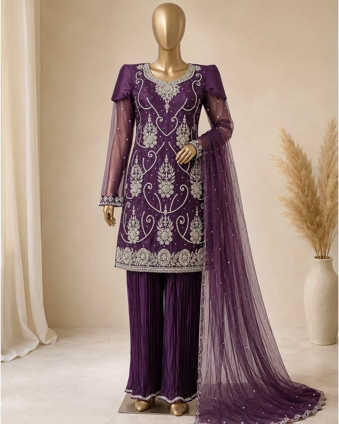 Royal Purple Luxury Heavy Embroidered 3 Piece Suit