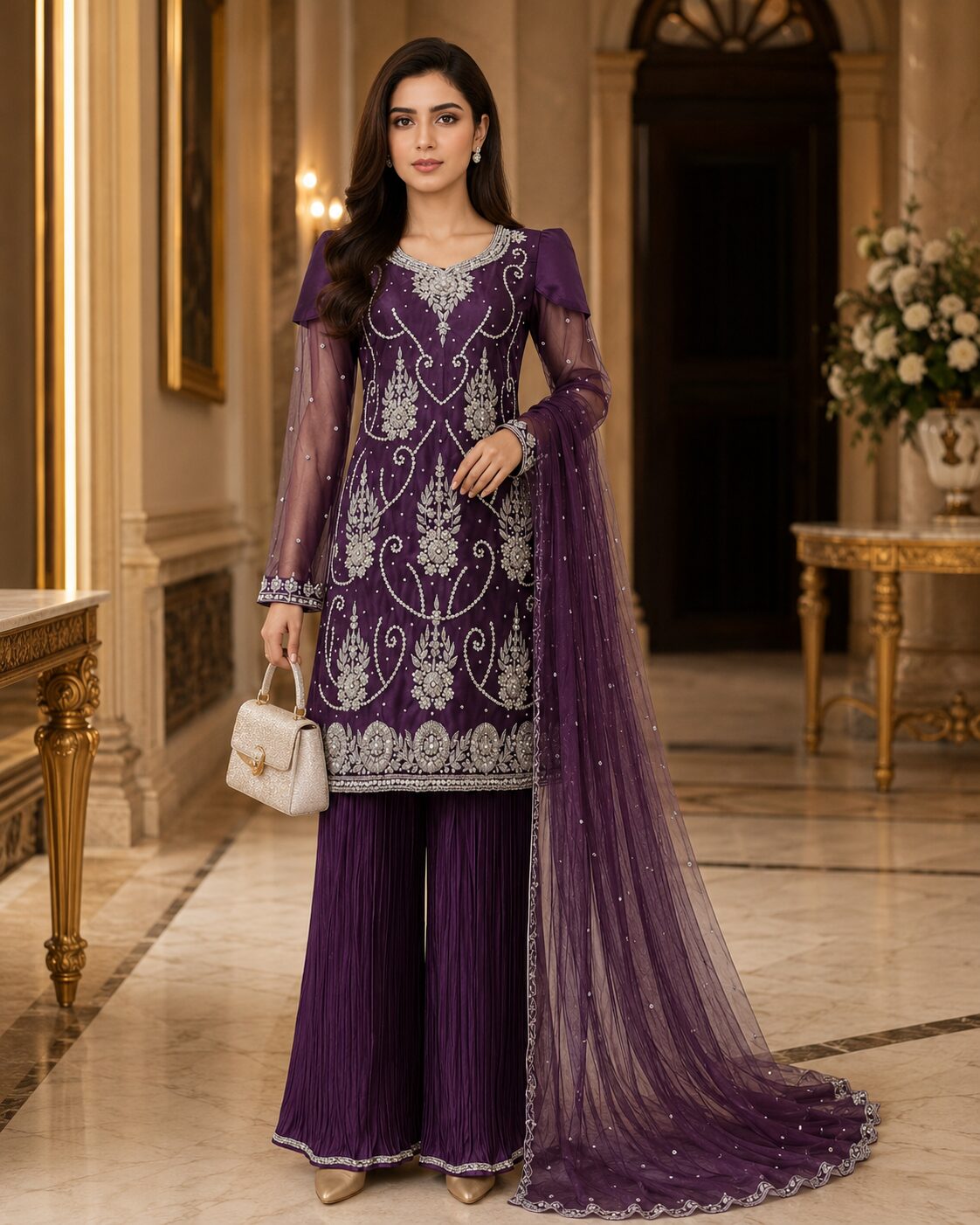 Royal Purple Luxury Heavy Embroidered 3 Piece Suit - Image 4