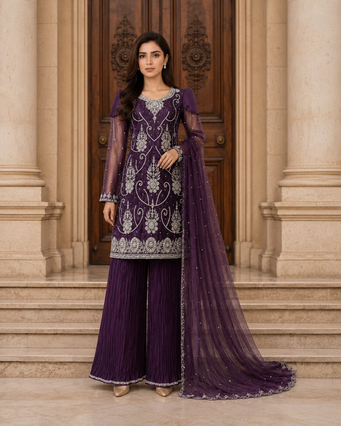 Royal Purple Luxury Heavy Embroidered 3 Piece Suit - Image 5