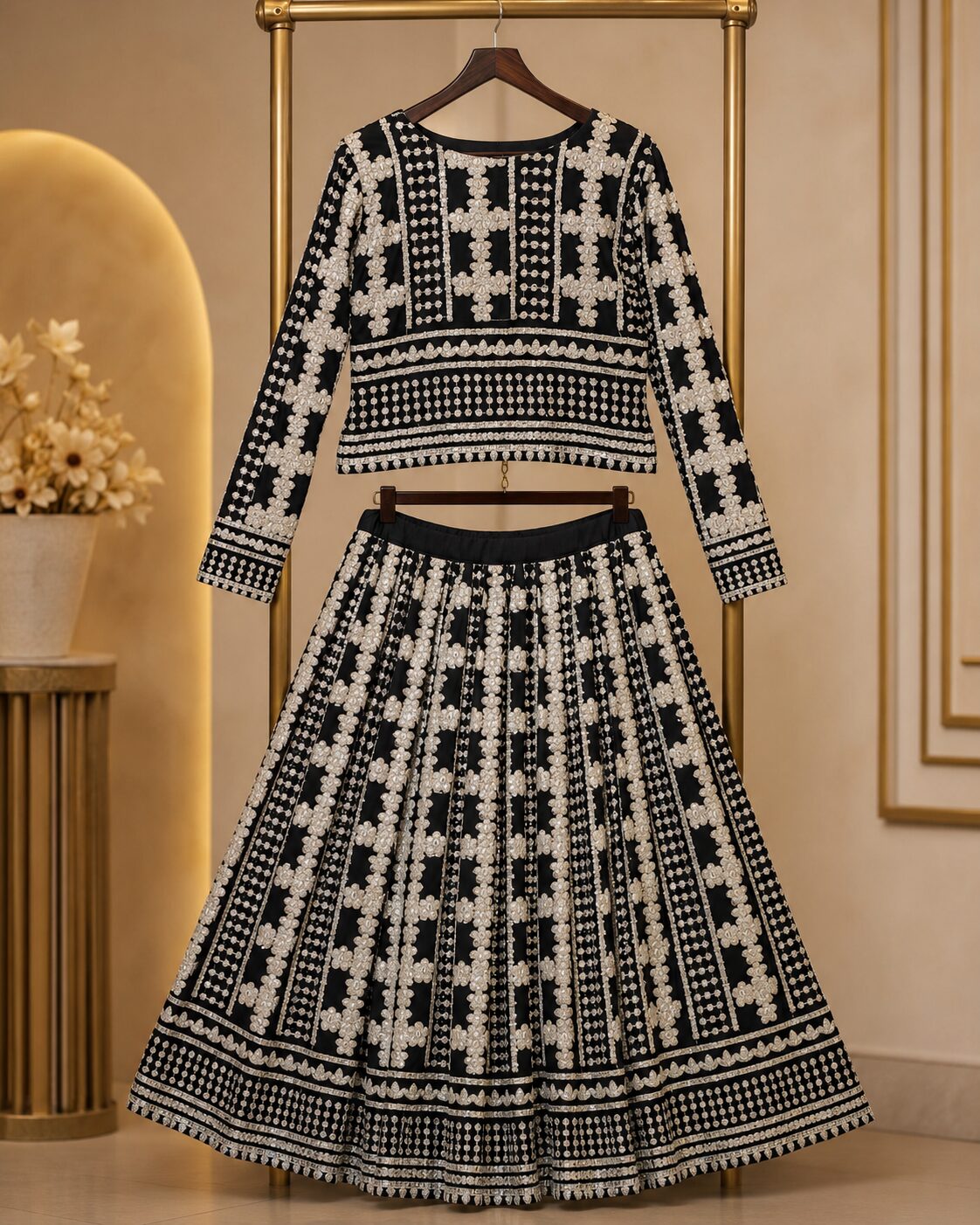 Black Luxury Heavy Embroidered Foil Work Lehenga