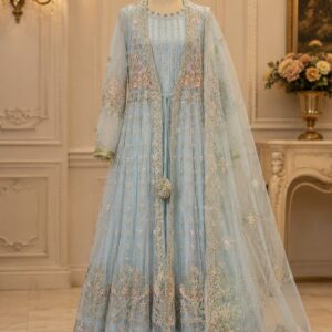 Pastel Ice Blue Luxury Heavy Embroidered Open Style Maxi 3 Piece