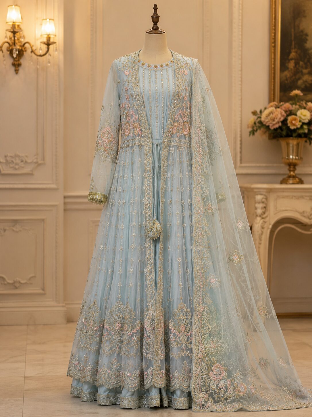 Pastel Ice Blue Luxury Heavy Embroidered Open Style Maxi 3 Piece