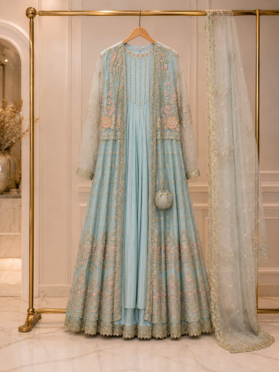 Pastel Ice Blue Luxury Heavy Embroidered Open Style Maxi 3 Piece - Image 5