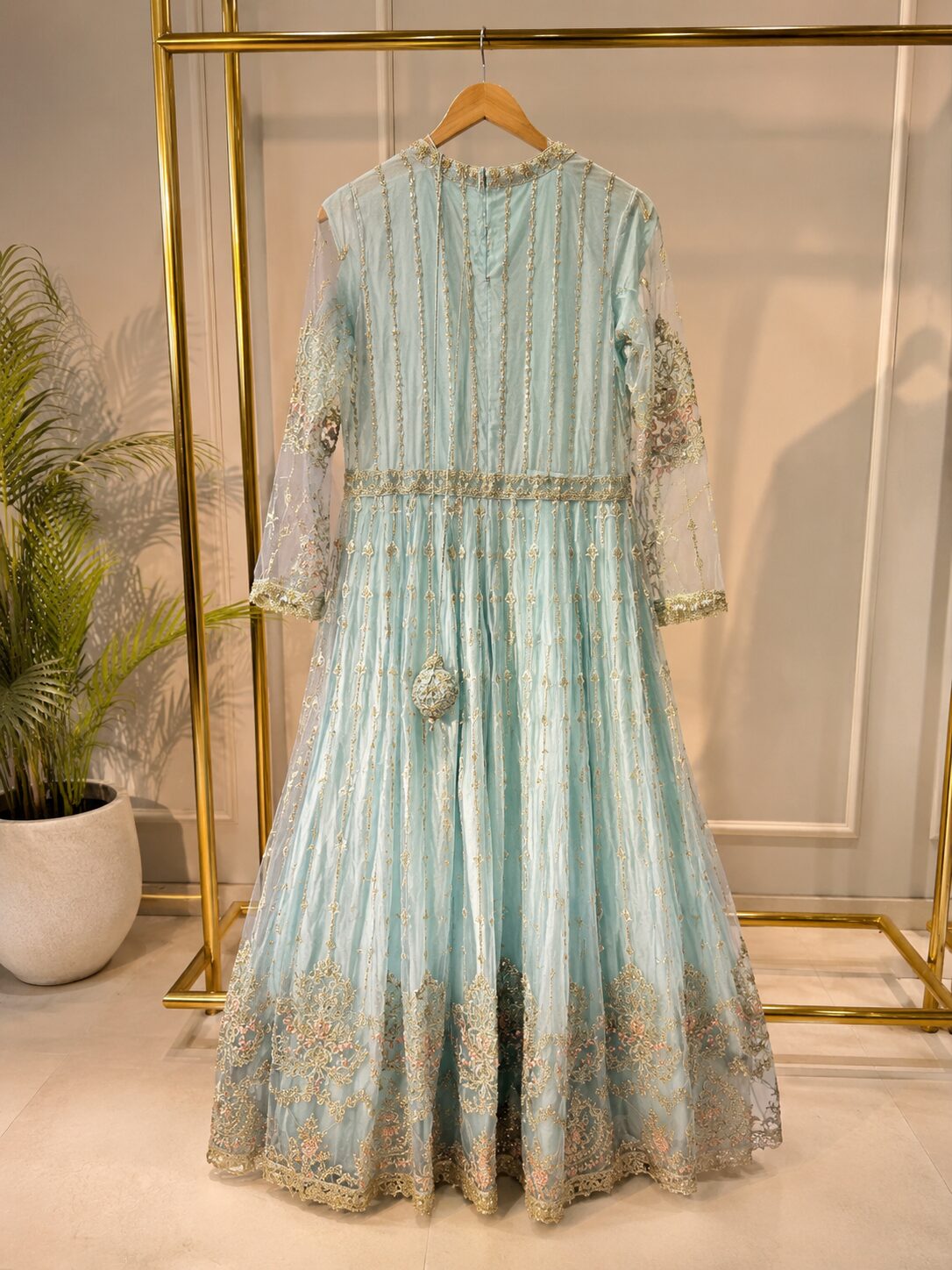 Pastel Ice Blue Luxury Heavy Embroidered Open Style Maxi 3 Piece - Image 7