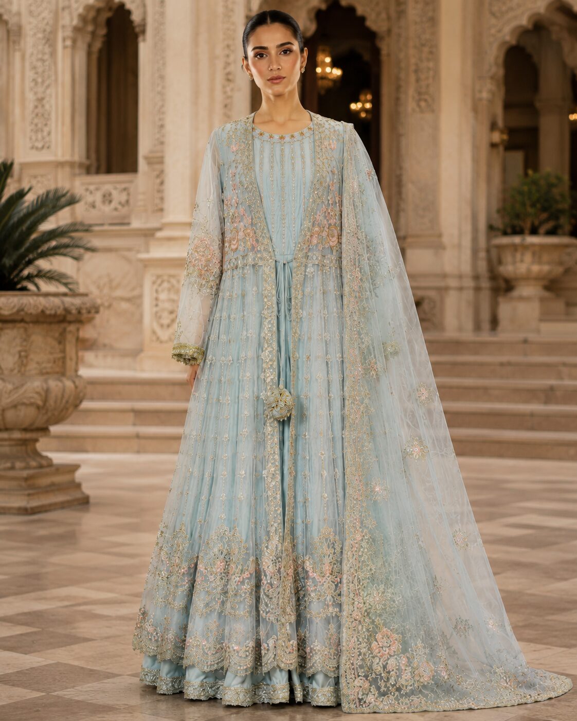 Pastel Ice Blue Luxury Heavy Embroidered Open Style Maxi 3 Piece - Image 3