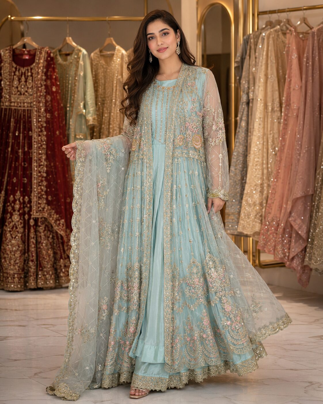 Pastel Ice Blue Luxury Heavy Embroidered Open Style Maxi 3 Piece - Image 4