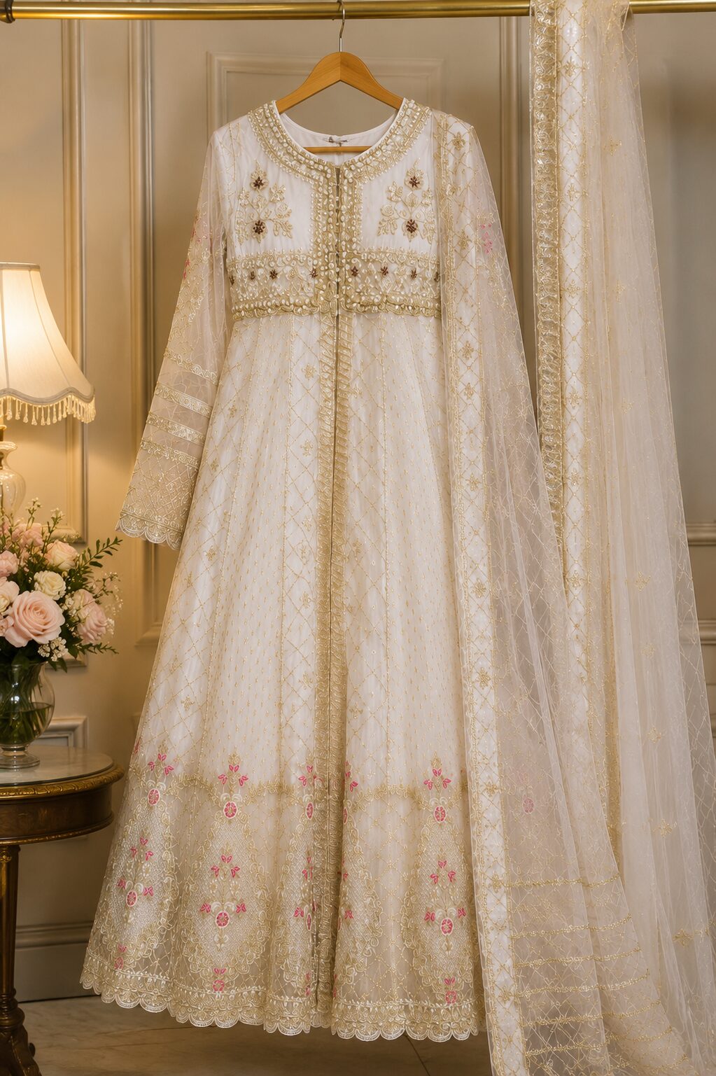 OFF White Luxury Heavy Embroidered Full-Length Maxi 3 Piece