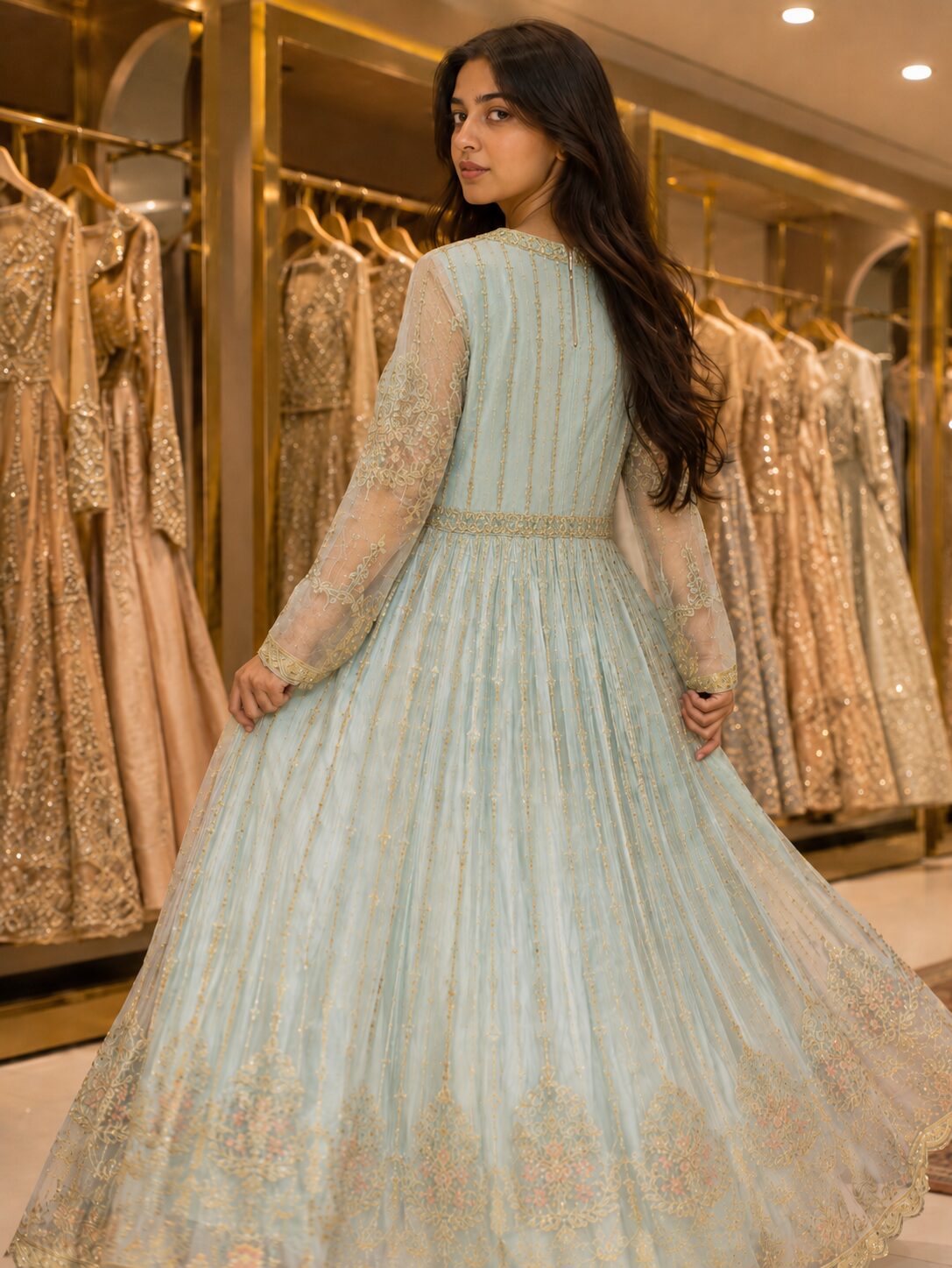 Pastel Ice Blue Luxury Heavy Embroidered Open Style Maxi 3 Piece - Image 2