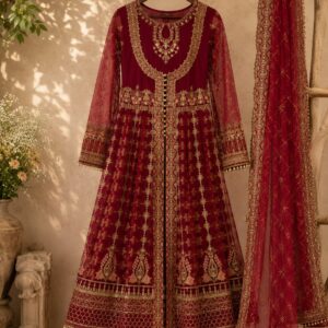 Red Luxury Heavy  Embroidered Open Style Maxi 3 Piece