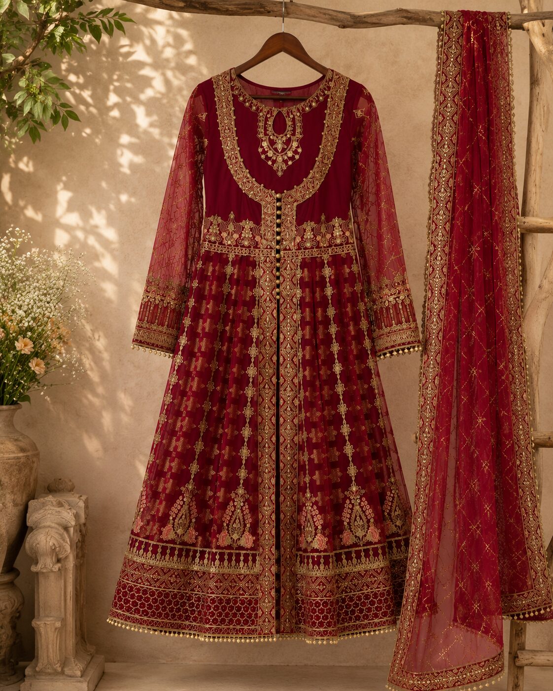 Red Luxury Heavy  Embroidered Open Style Maxi 3 Piece