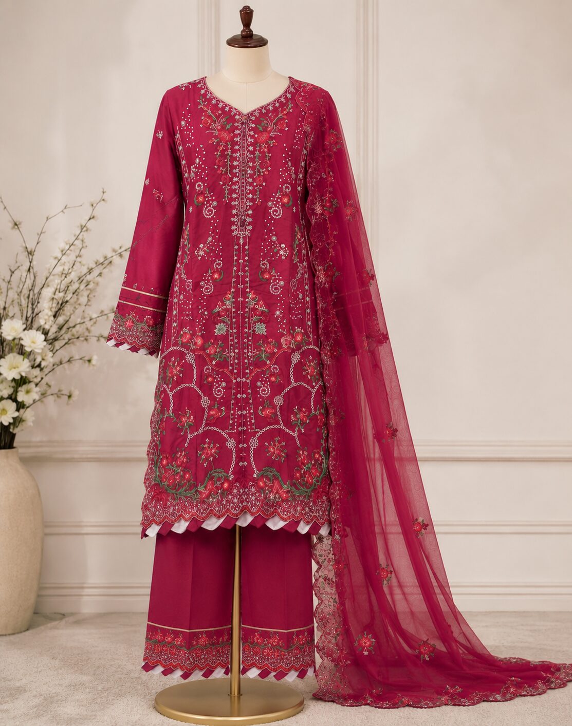 Berry Rose Luxury Heavy Embroidered 3 Piece Suit