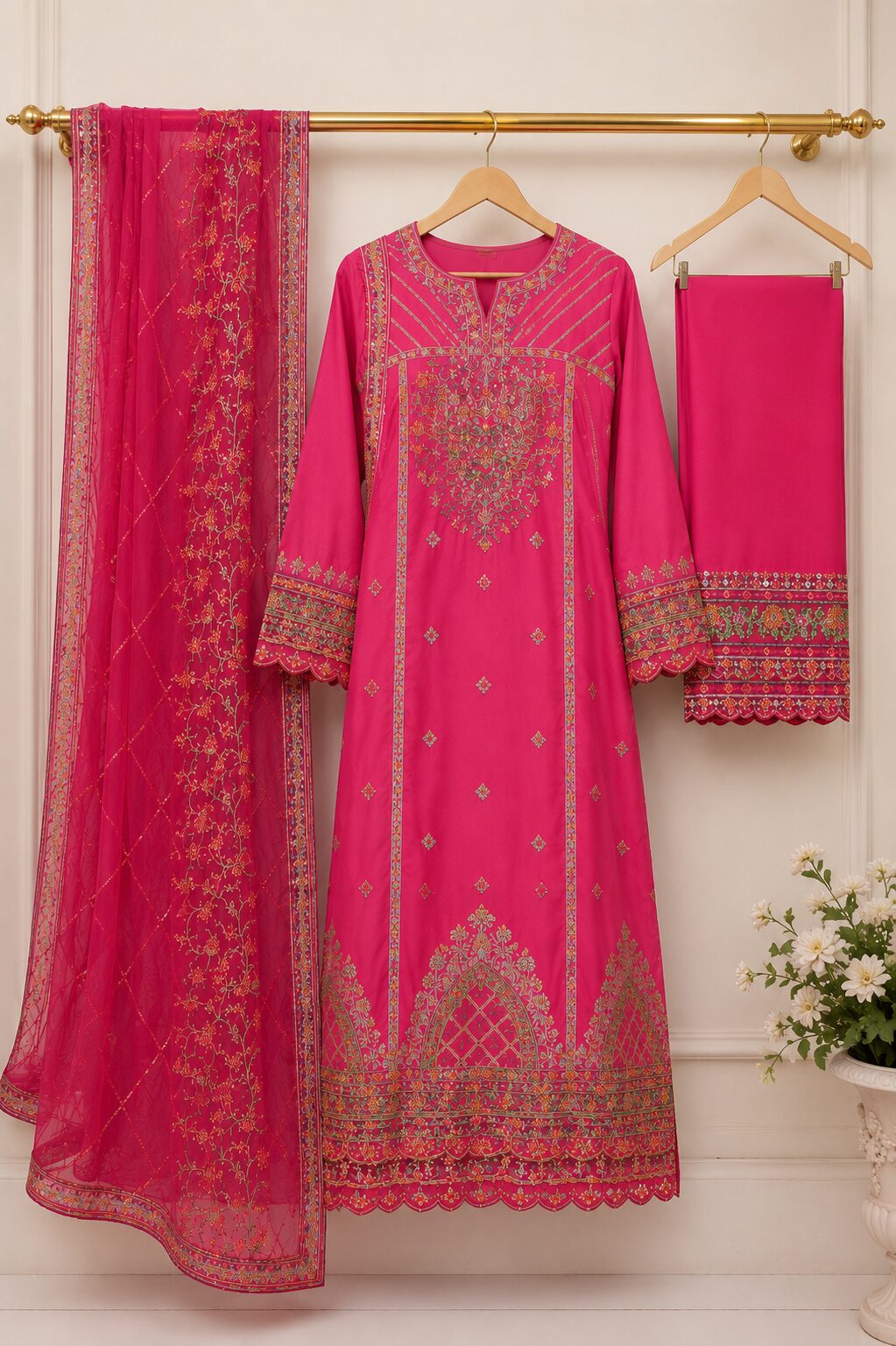 Magenta Pink Luxury Heavy Embroidered 3 Piece Suit