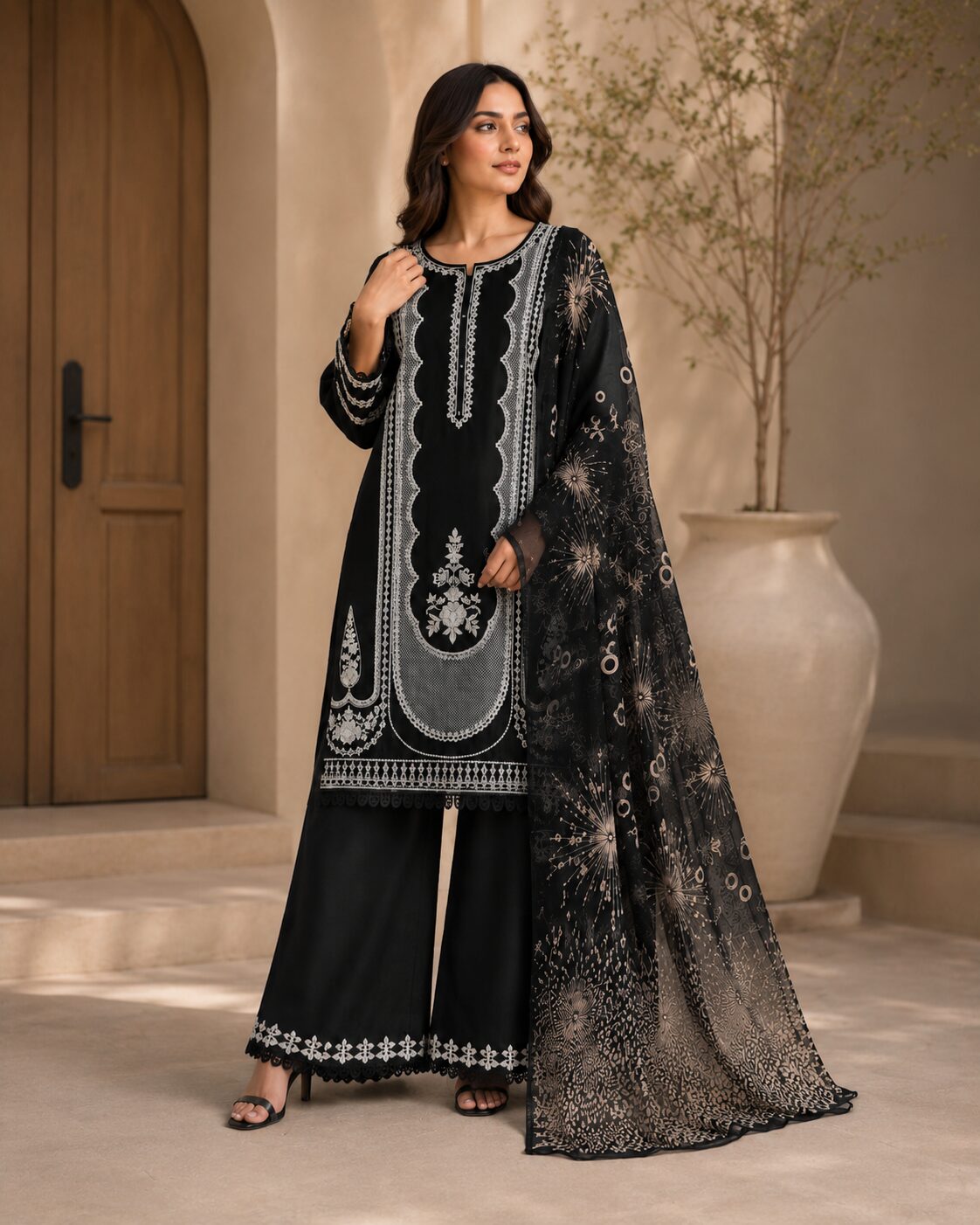 Black Luxury Sequins & Sitara Embroidered 3 Piece Suit - Image 5