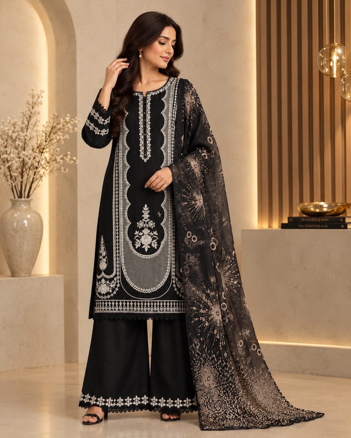 Black Luxury Sequins & Sitara Embroidered 3 Piece Suit - Image 6