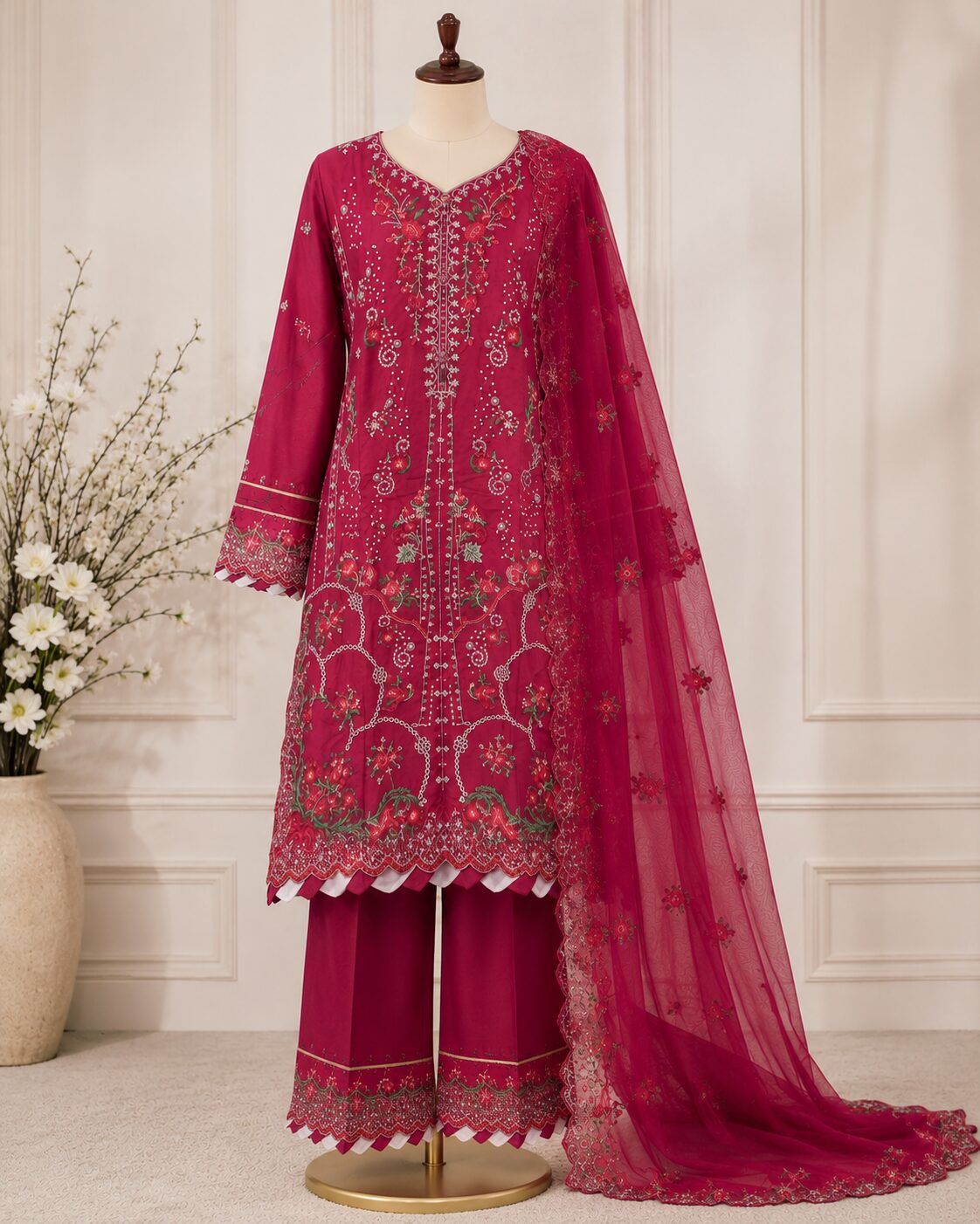 Berry Rose Luxury Heavy Embroidered 3 Piece Suit - Image 2