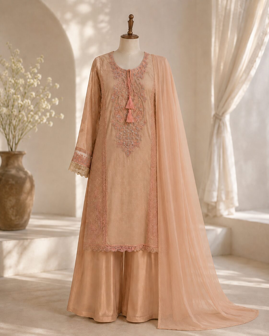 Peach Blush Luxury Heavy Embroidered 3 Piece Suit