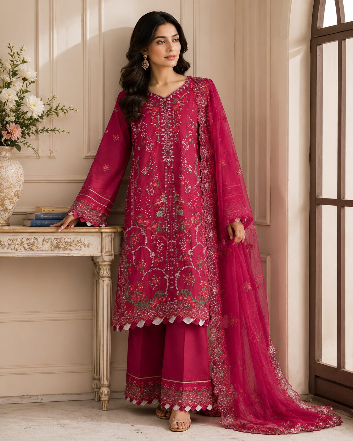 Berry Rose Luxury Heavy Embroidered 3 Piece Suit - Image 5