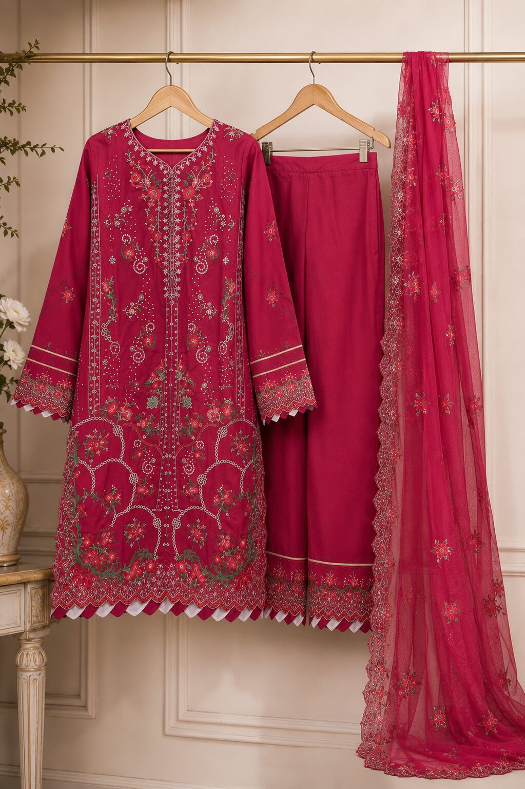 Berry Rose Luxury Heavy Embroidered 3 Piece Suit - Image 4