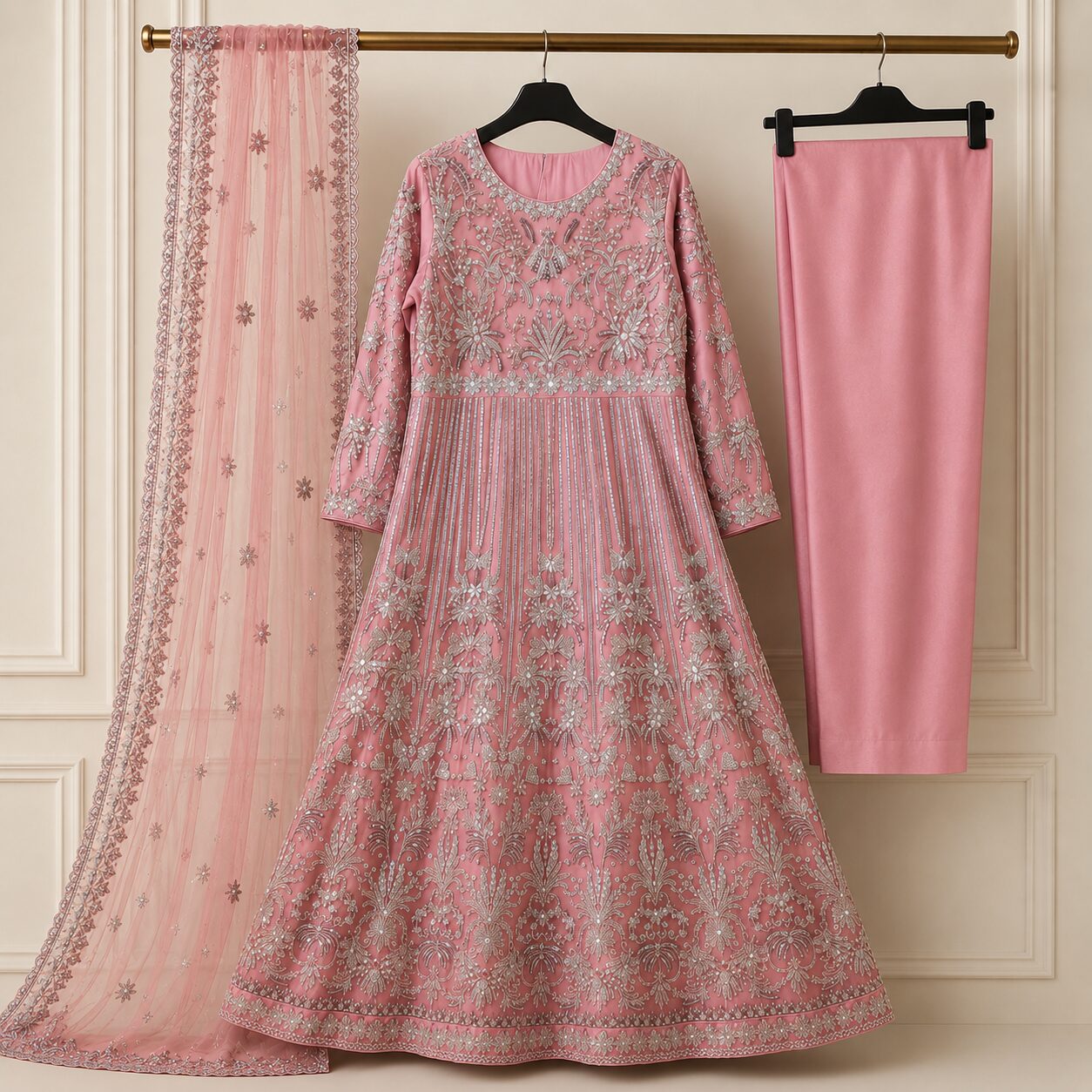 Luxury Pink Heavy Embroidered 3 Piece Dress - Image 3