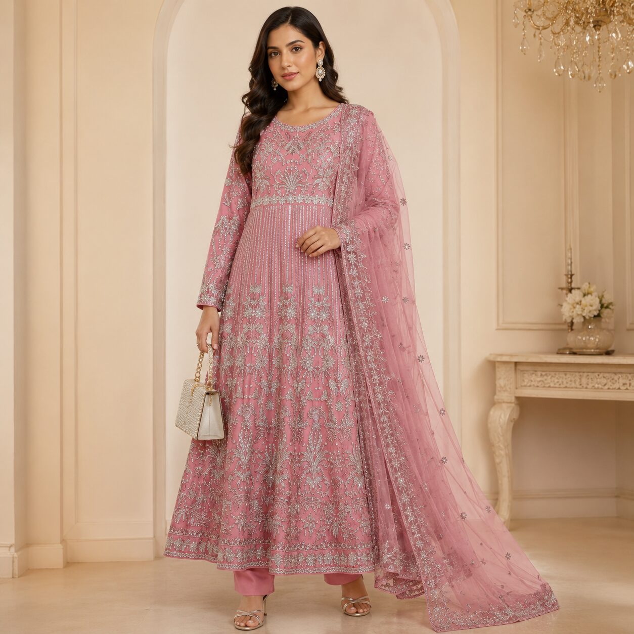Luxury Pink Heavy Embroidered 3 Piece Dress - Image 2
