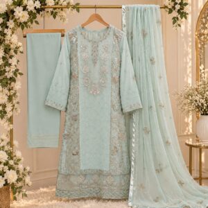 Beautiful Seafoam Green Heavy Embroidered 3 Piece suit