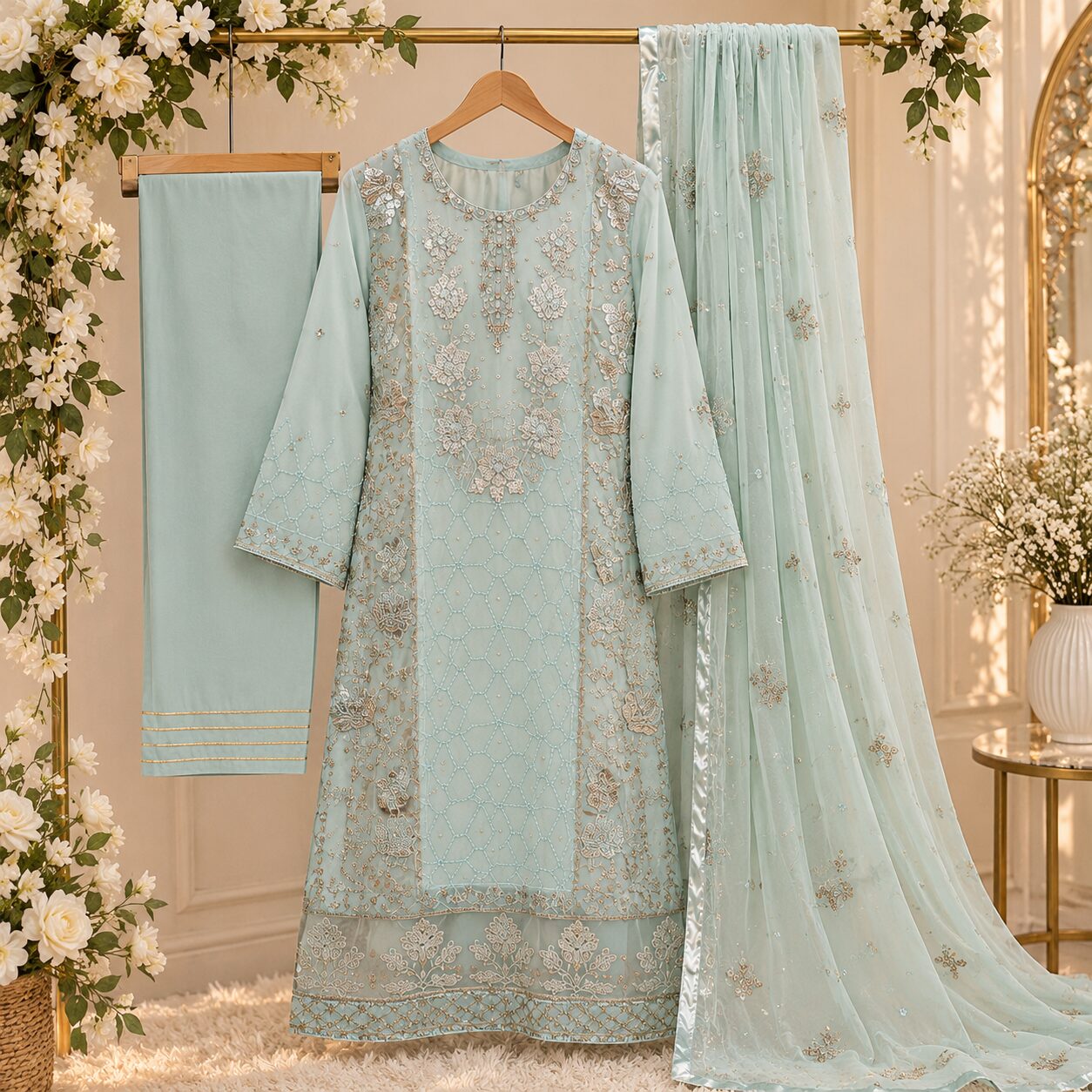 Beautiful Seafoam Green Heavy Embroidered 3 Piece suit