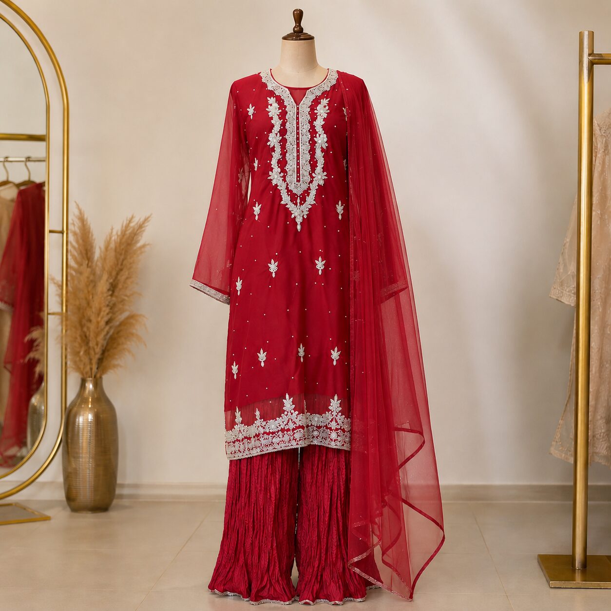 Red Heavy Embroidered 3 Piece Suit