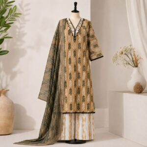 Light Olive Beige & Green Printed 3-Piece Suit