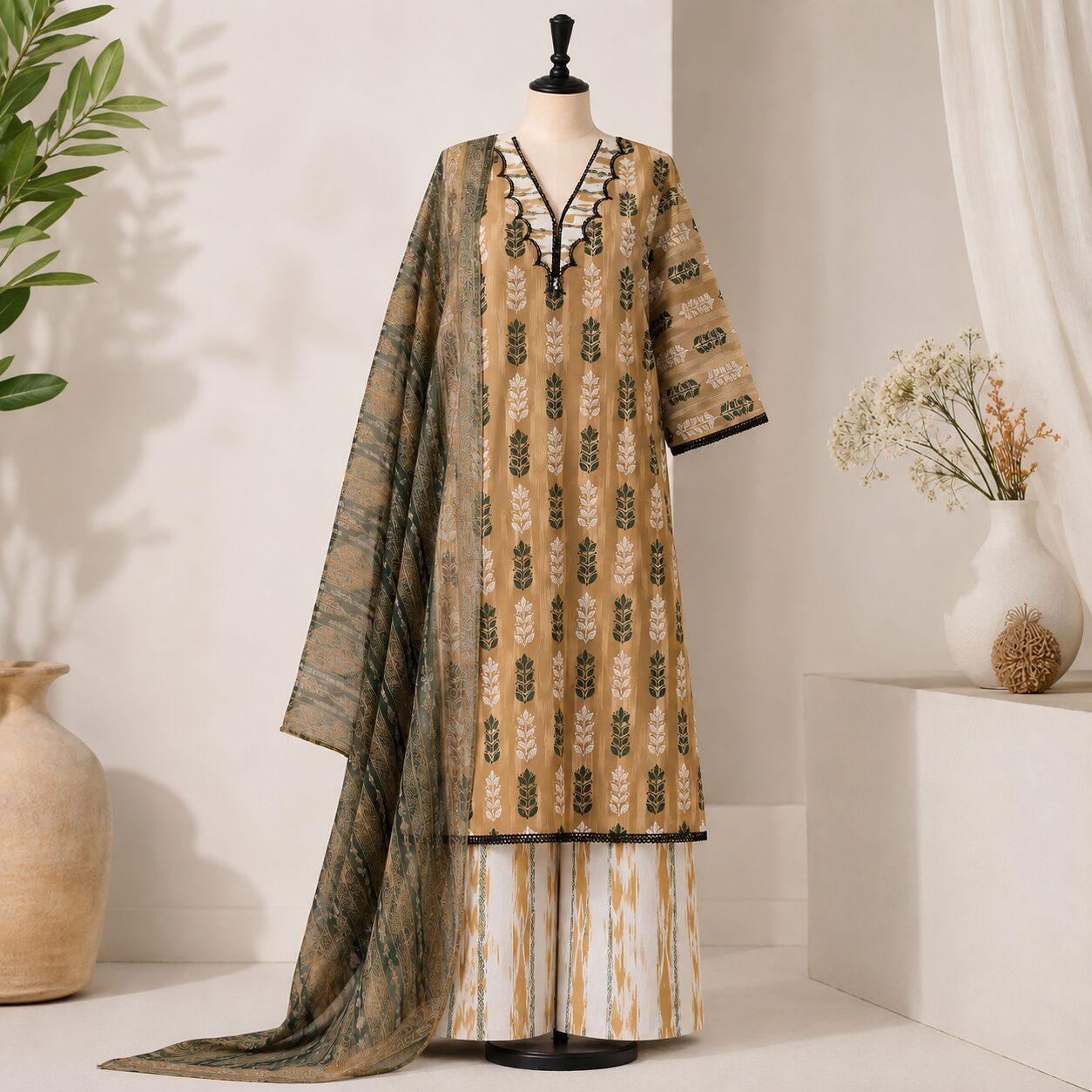 Light Olive Beige & Green Printed 3-Piece Suit