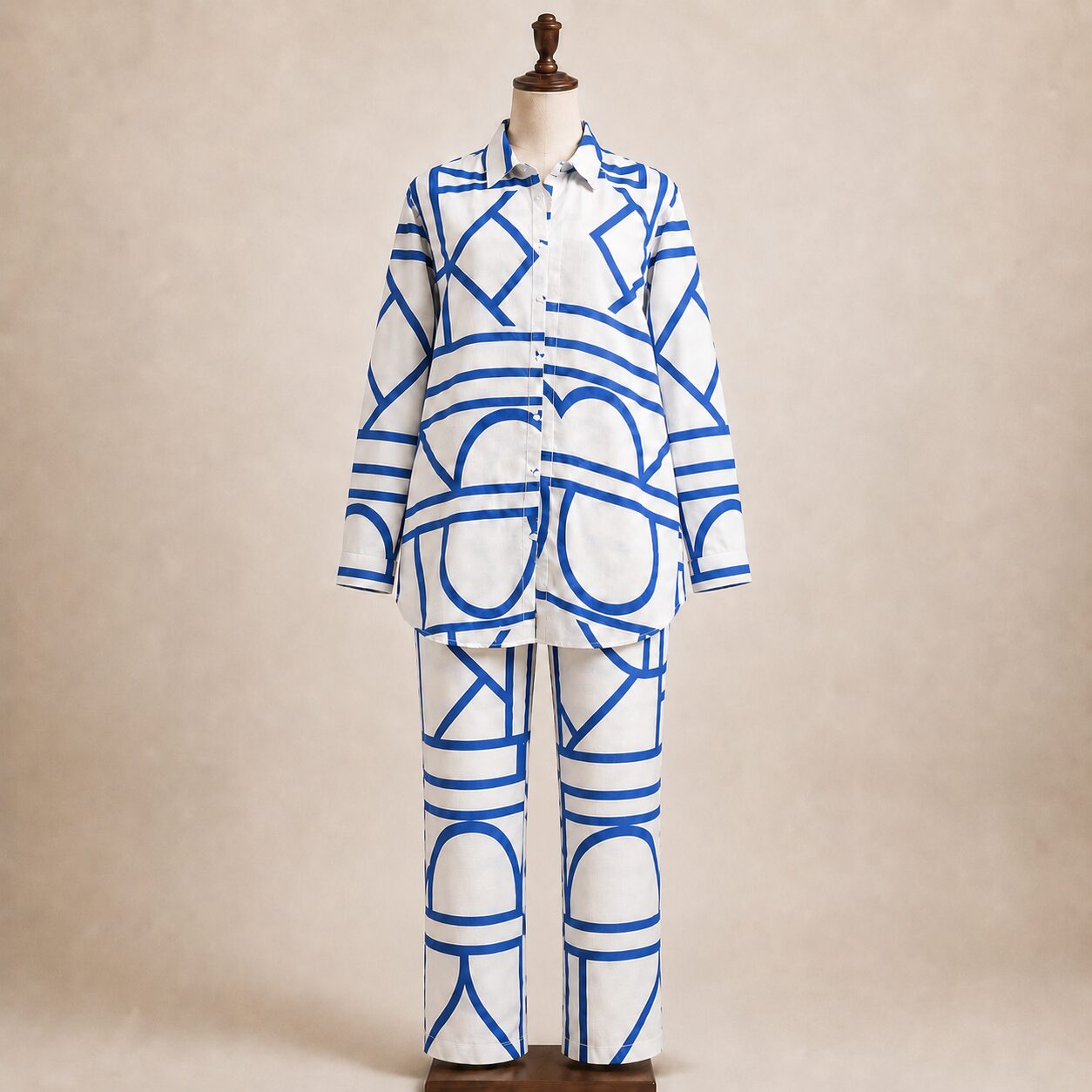 Elegant White & Blue Printed 2-Piece Co-Ord Set - Image 2