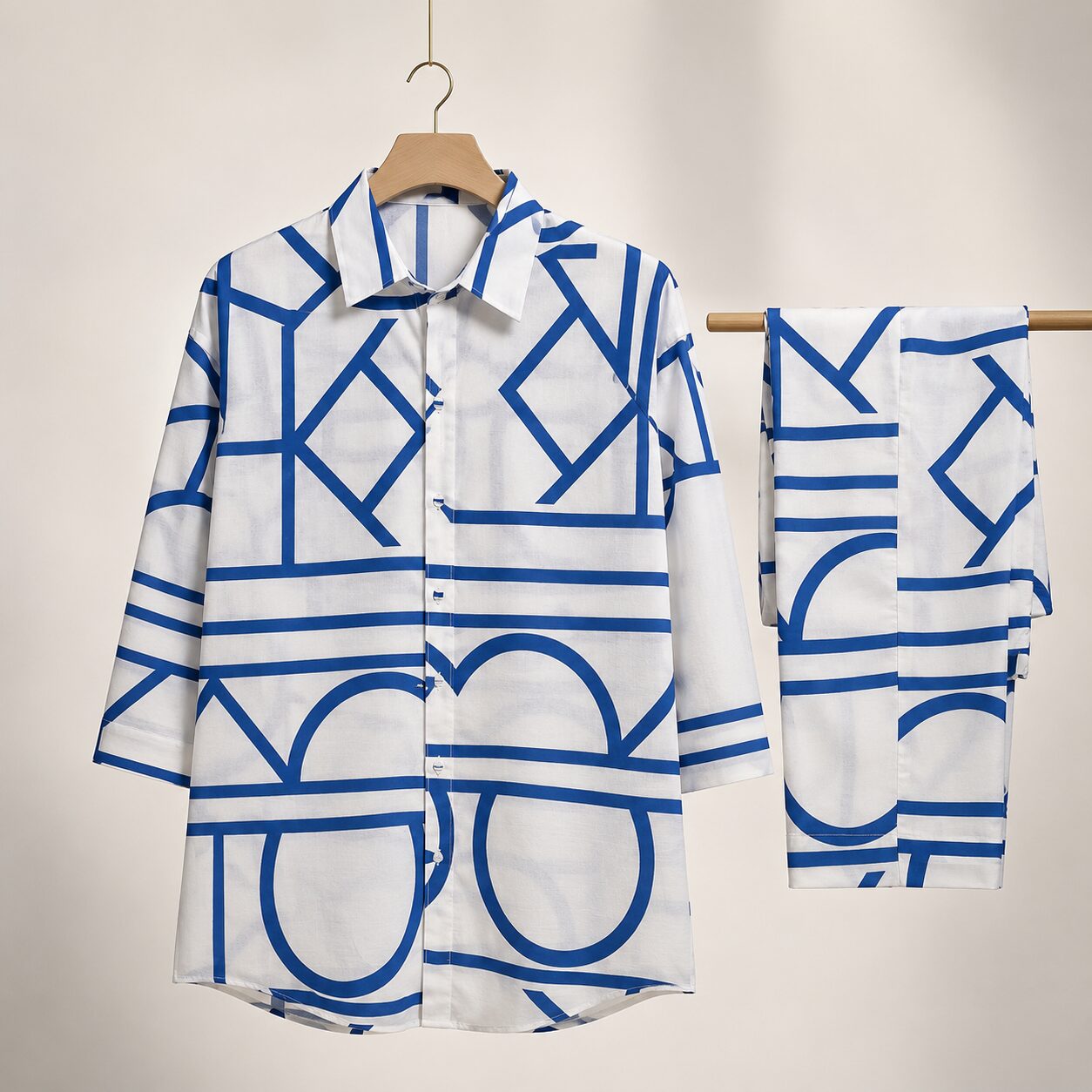 Elegant White & Blue Printed 2-Piece Co-Ord Set