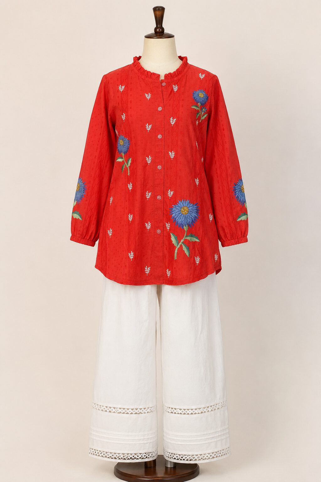 Red Embroidered Top with White Trouser - Image 2