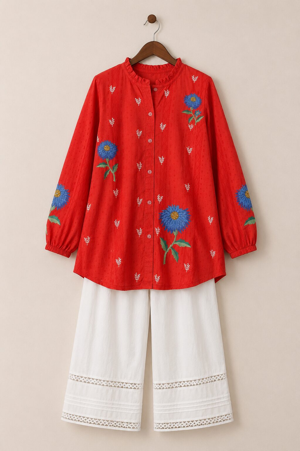 Red Embroidered Top with White Trouser - Image 4