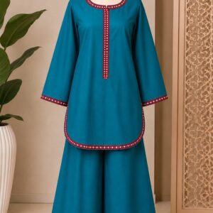 Deep Teal Blue 2 Piece Co-Ord Set with Contrast Lace Detailing