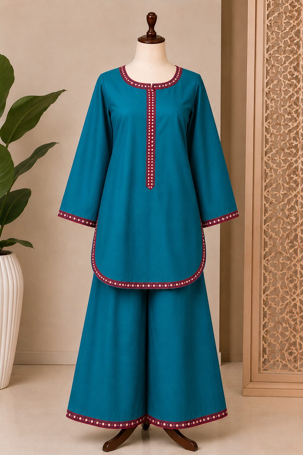 Deep Teal Blue 2 Piece Co-Ord Set with Contrast Lace Detailing