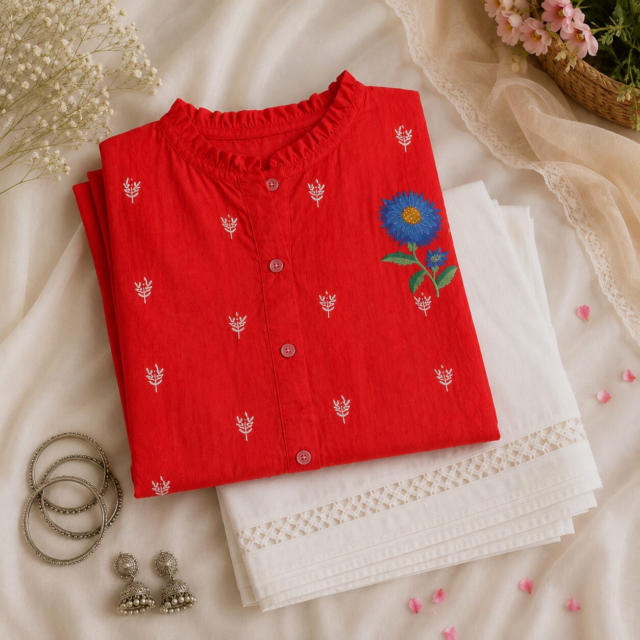Red Embroidered Top with White Trouser