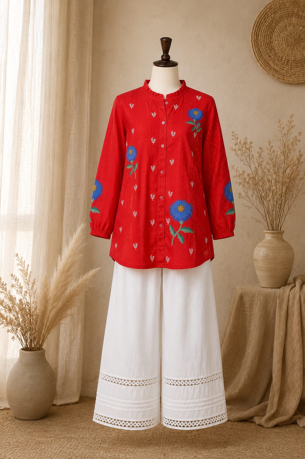 Red Embroidered Top with White Trouser - Image 3