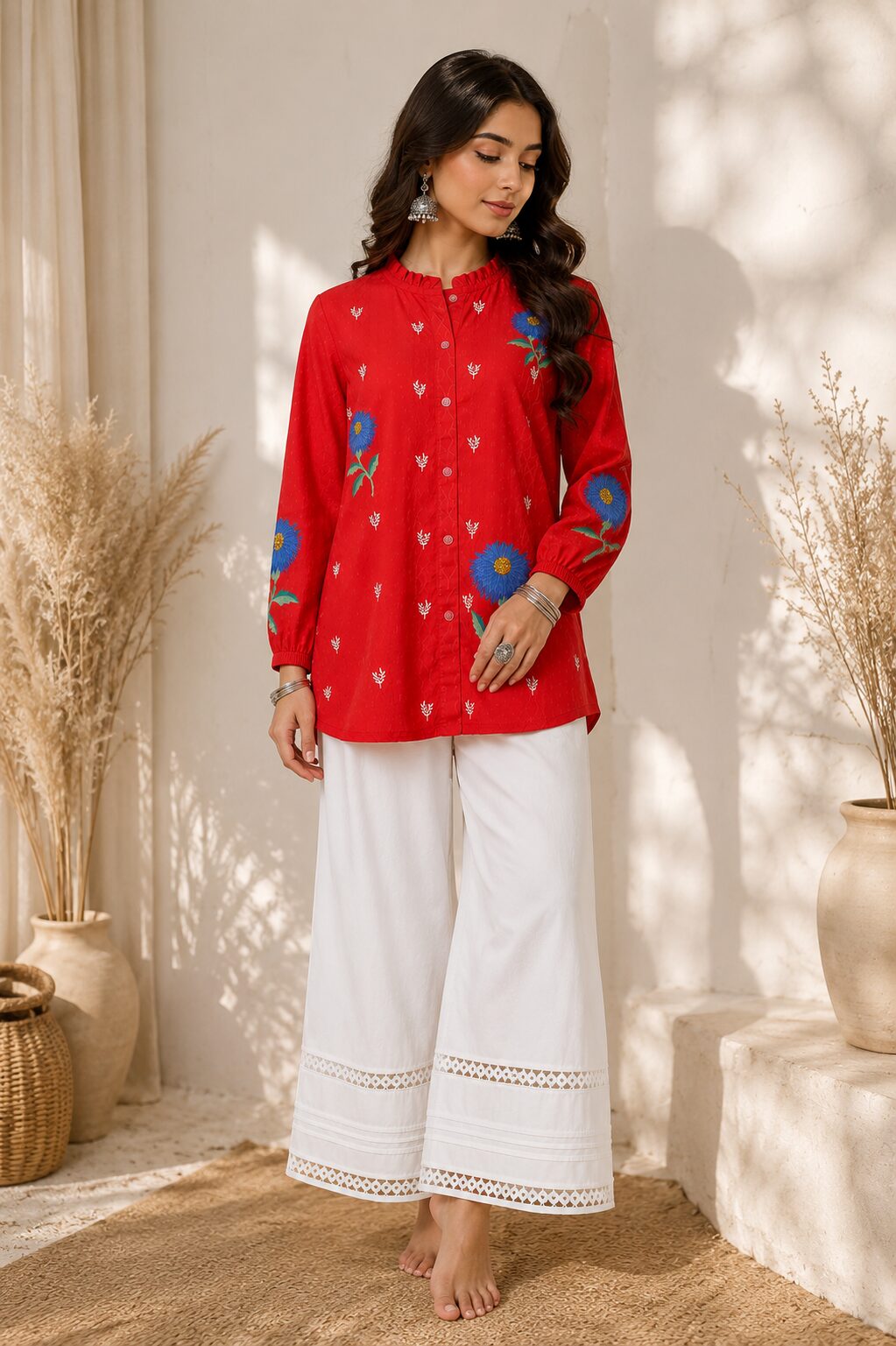 Red Embroidered Top with White Trouser - Image 6