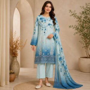 Elegant Sky Blue Floral Printed 3-Piece Lawn Suit