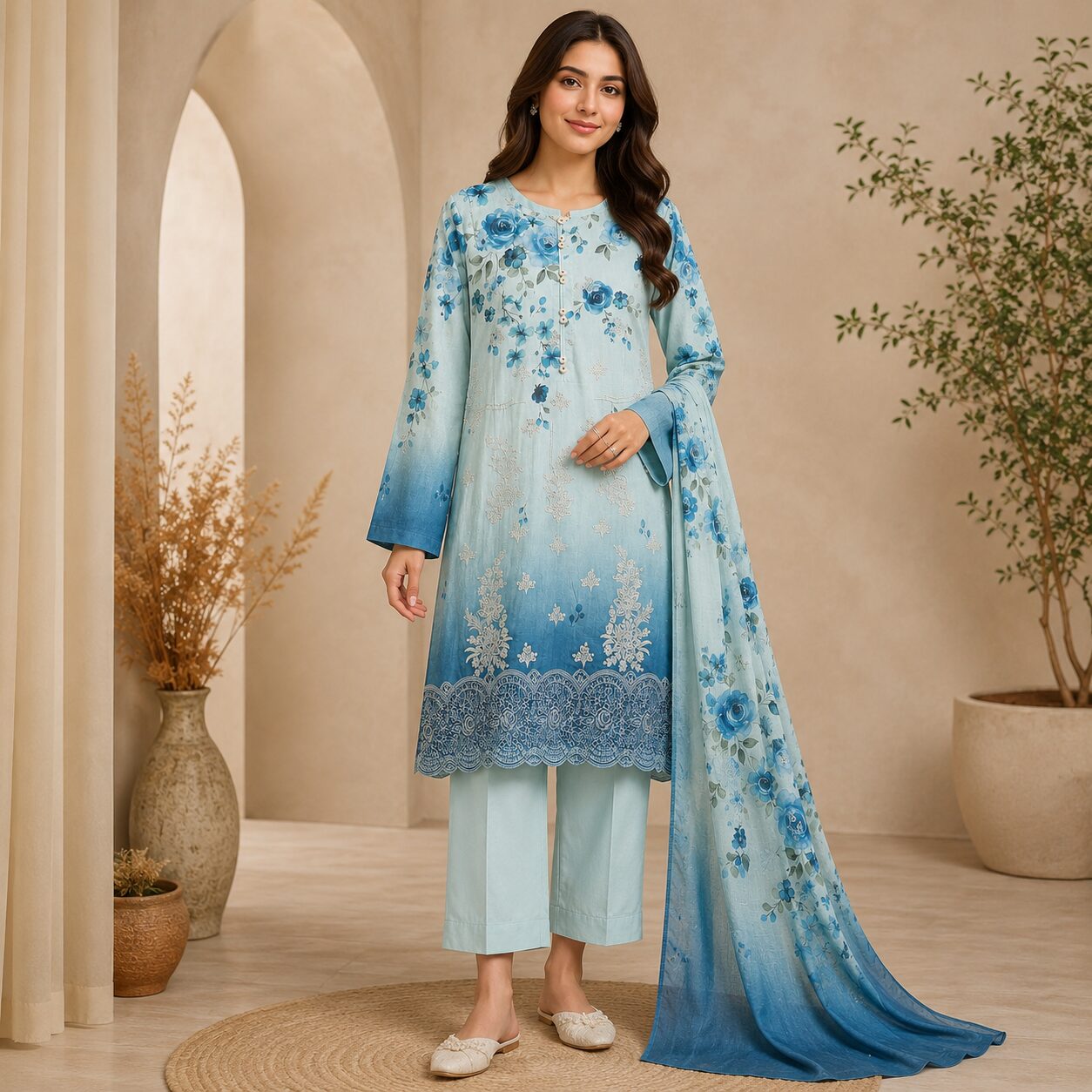 Elegant Sky Blue Floral Printed 3-Piece Lawn Suit