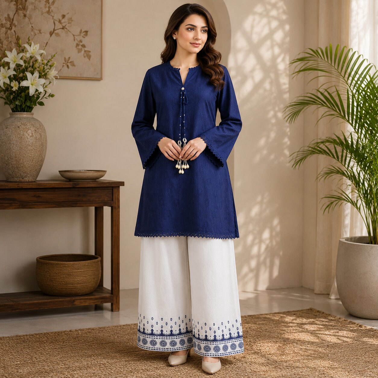 Navy Blue 2 Piece Lawn Suit with White Palazzo - Image 3
