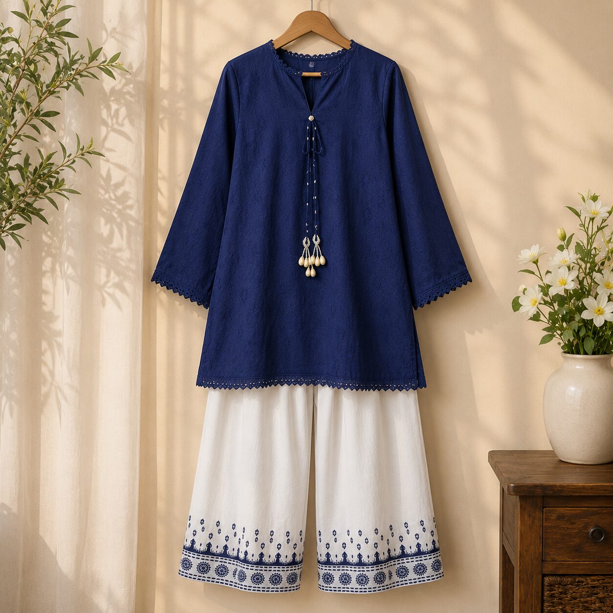Navy Blue 2 Piece Lawn Suit with White Palazzo - Image 2