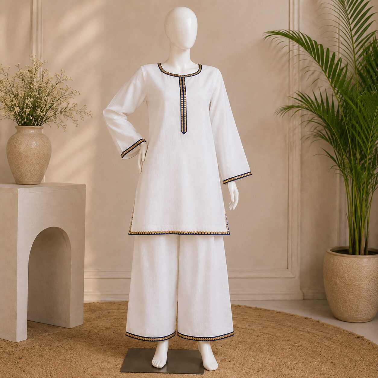 Elegant White 2 Piece Lawn Suit with Lace Detail's
