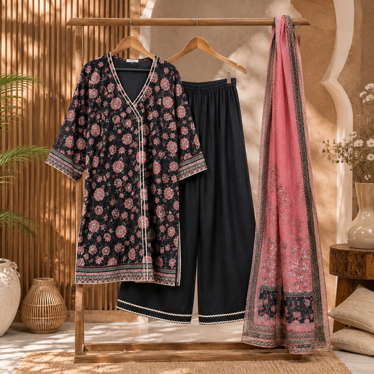 Elegant Black With Pink Floral 3-Piece  Frock Suit