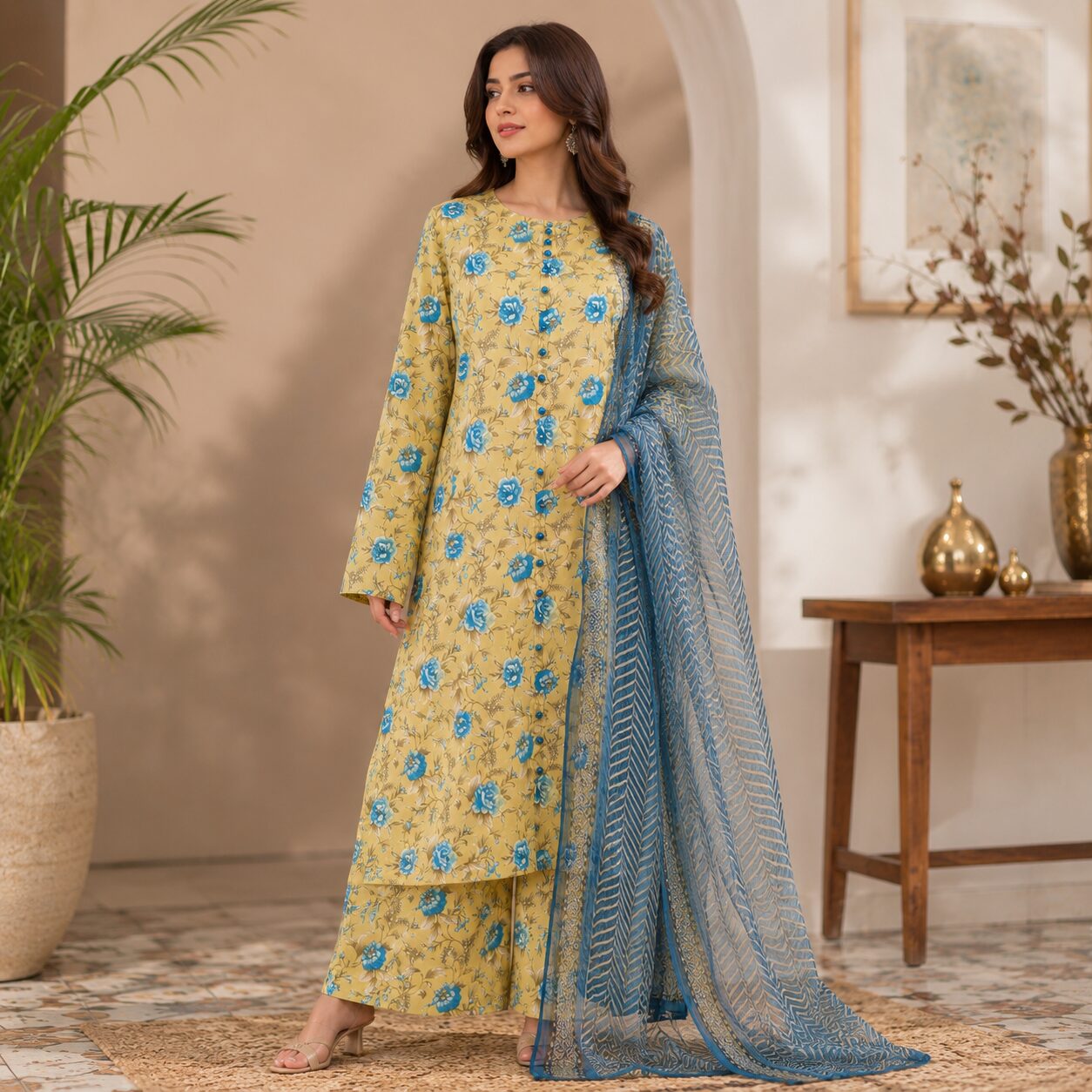 Beautiful Yellow Floral Printed 3-Piece Suit - Image 3