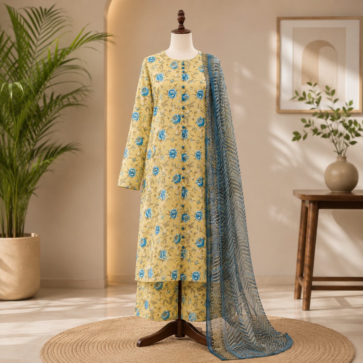 Beautiful Yellow Floral Printed 3-Piece Suit - Image 2